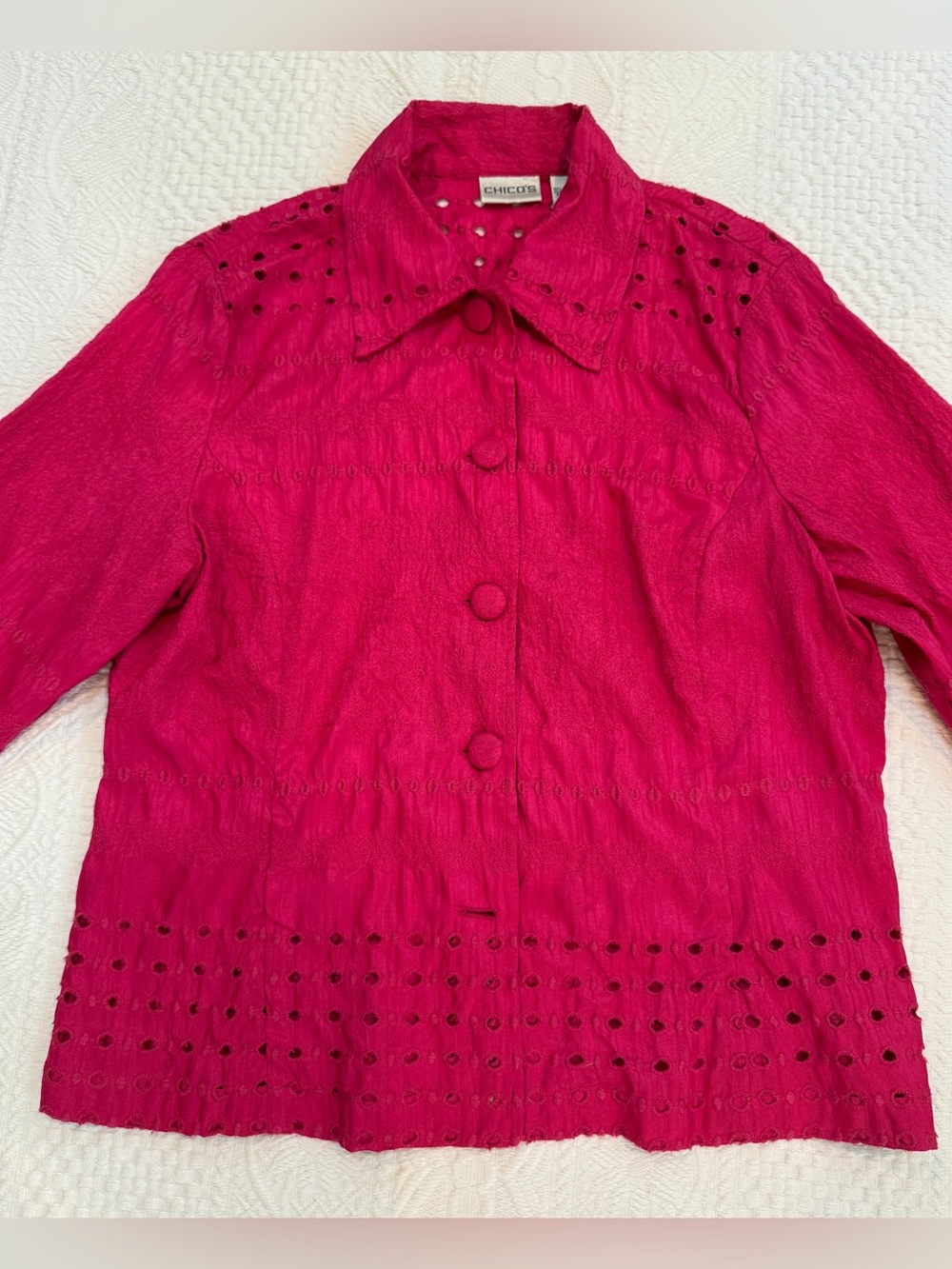 Chico’s Hot Pink Eyelet Embroidered Jacket Women’s Size 2